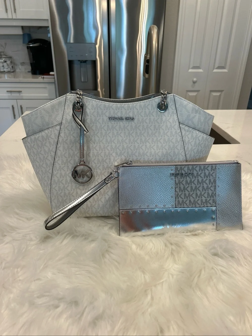 Michael Kors Silver MK Logo Tote with Matching Silver Wristlet